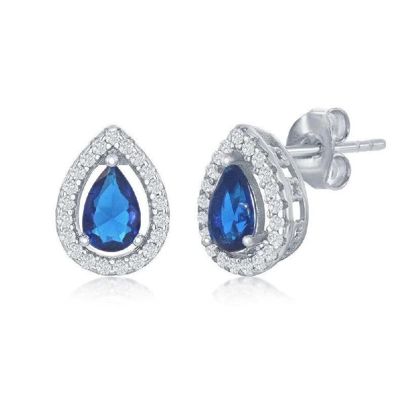 vintage ladies earrings-Sterling Silver Sapphire CZ Pear shape Stud Earrings