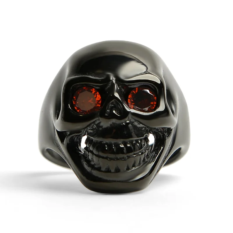 non-traditional ladies ring-Stainless Steel Red CZ Eyed Black Skull Ring / SCR4065