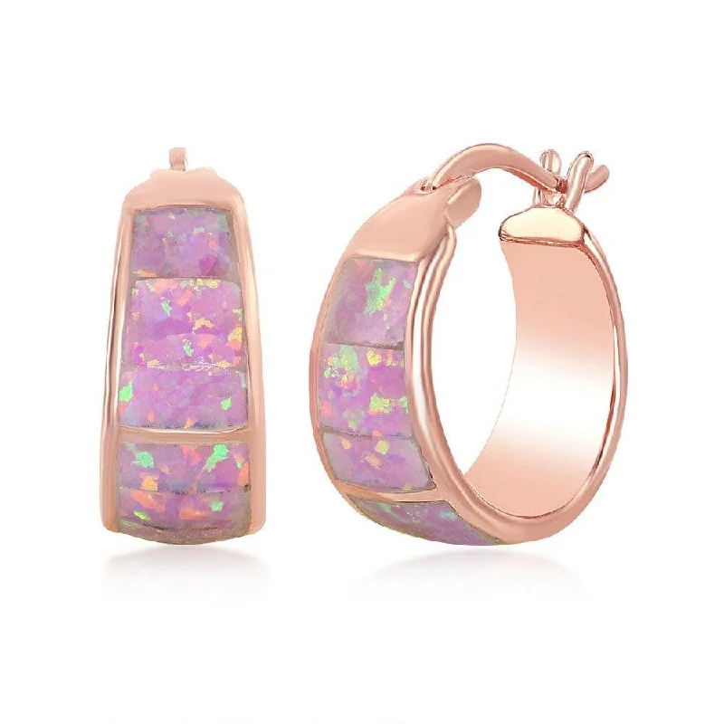 emerald ladies earrings-Sterling Silver Pink Opal Wide Squares Small Hoop Earrings - Rose Gold Plated