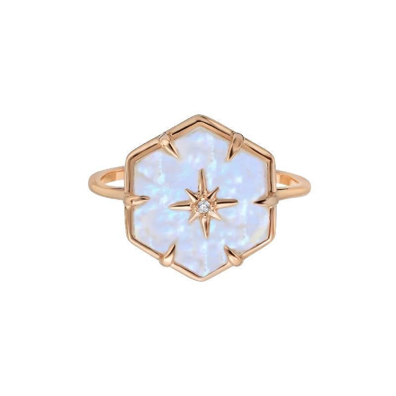 double halo ladies ring-Rose Gold Star Studded Rainbow Moonstone Ring