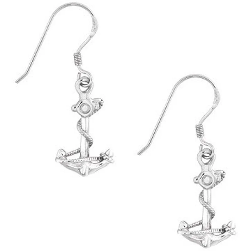 two-tone ladies earrings-Classic Women's Earrings - Sterling Silver Anchor Shape with Twisted Rope | A-2111