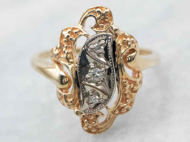 antique filigree engagement ring for women-Yellow and White Gold Diamond Ring with Ornate Frame