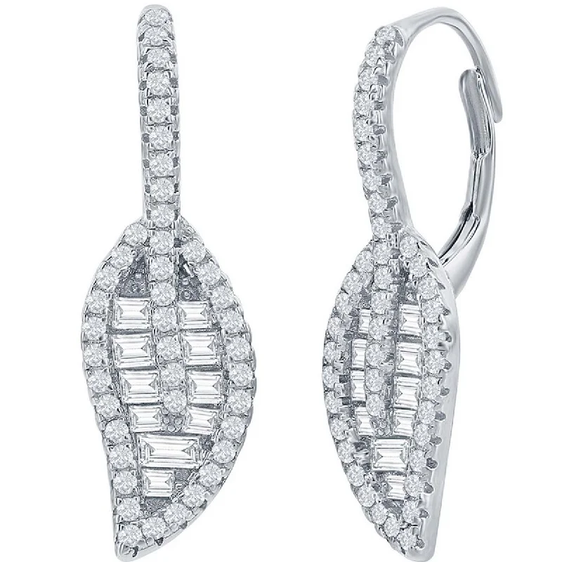 unique shape ladies earrings-Classic Women's Earrings - Sterling Silver Round and Baguette White CZ Leaf | D-7991