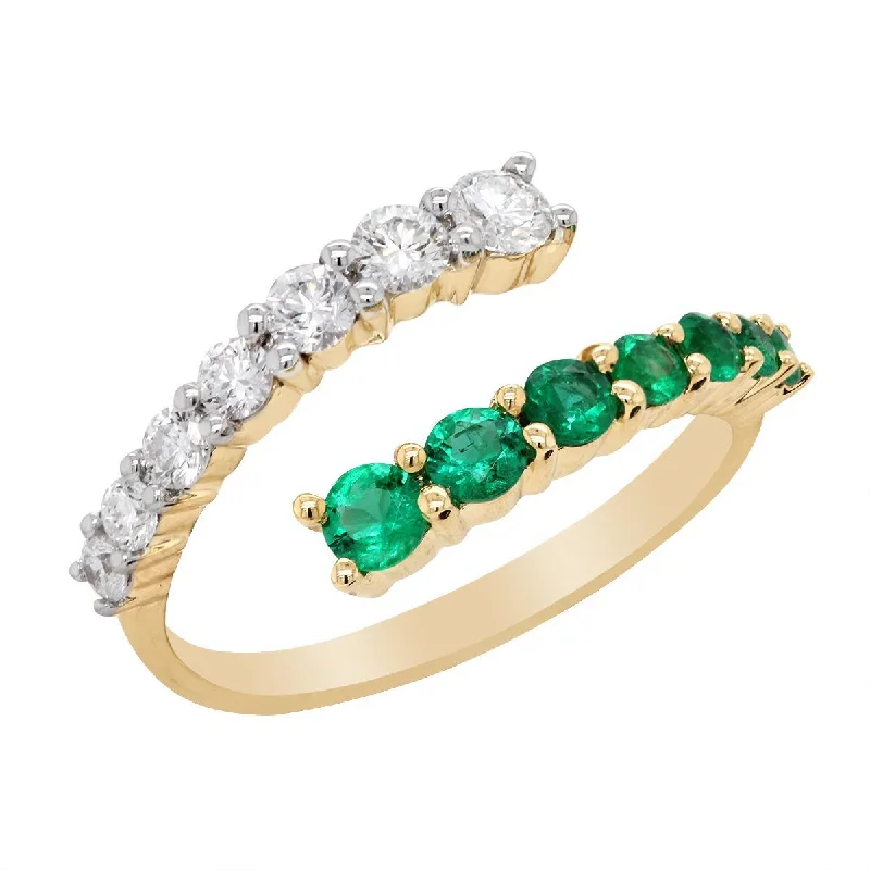 eco-friendly gold ladies ring-YELLOW GOLD BYPASS STYLE FASHION RING WITH EMERALDS AND DIAMONDS, .56 CT TW