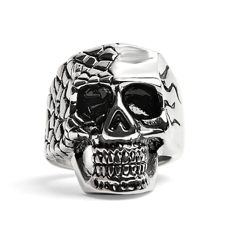 nature-inspired ladies ring-Detailed Cracking Skull Stainless Steel Ring / SCR4081