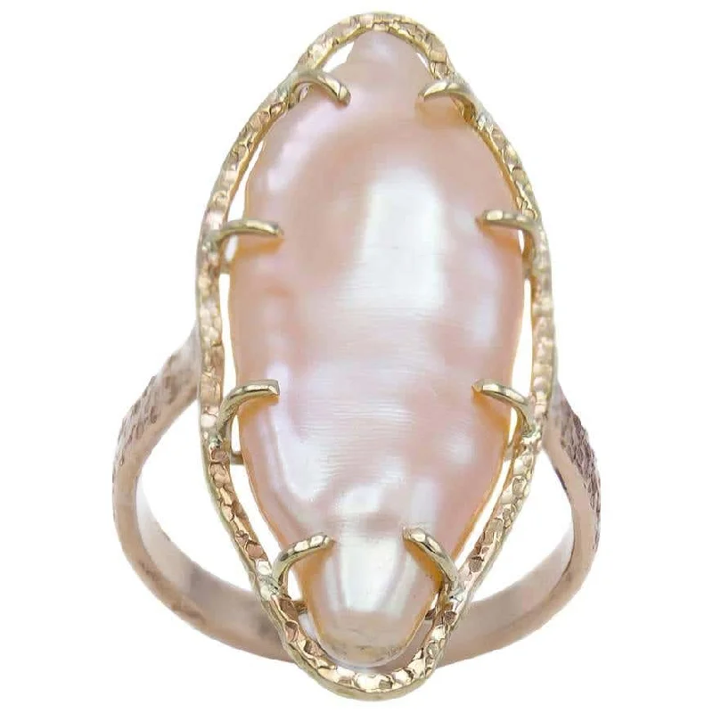 high-end designer ladies ring-Peach Freshwater Pearl Two Color Gold Ring