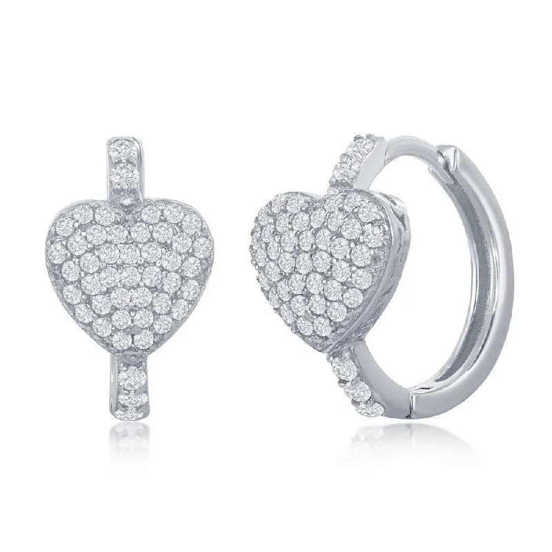 angel wing ladies earrings-Sterling Silver Mircro Pave CZ Heart Huggie Hoop Earrings