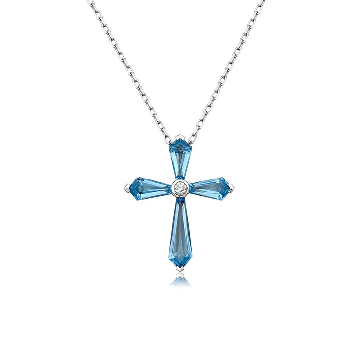 interlocking circle ladies necklace-18k White Gold Blue Topaz Cross Pendant Necklace