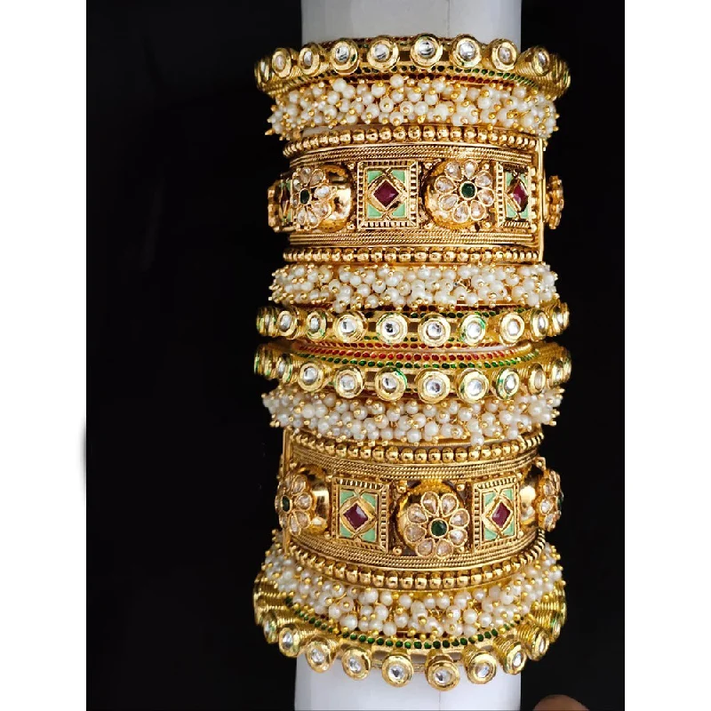 luxury designer ladies bracelet-Akruti Collection Gold Plated Pearl And Kundan Bangle Set