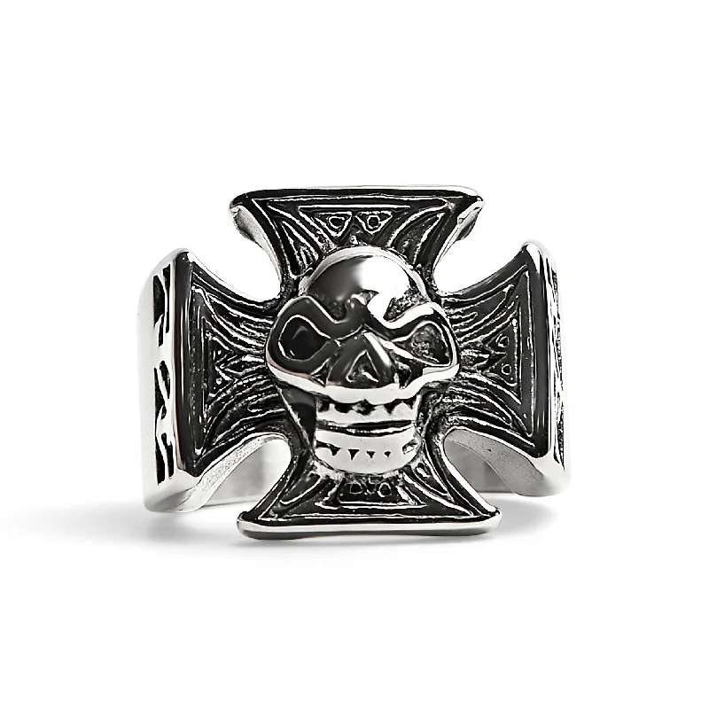 black diamond ladies ring-Stainless Steel Polished Skull Maltese Cross Ring / SCR2060