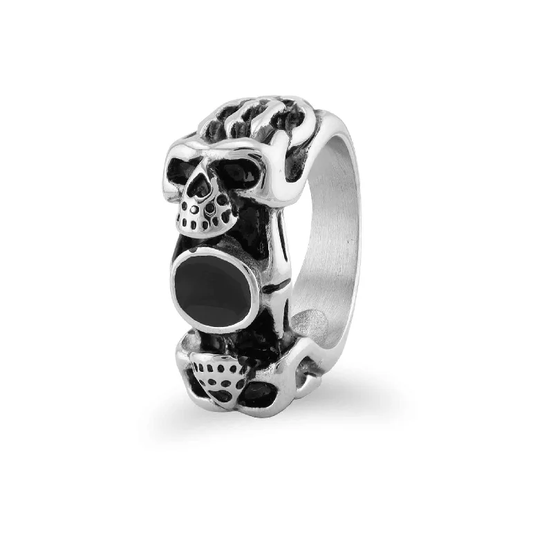 vintage-inspired ladies ring-Polished Black CZ Stone Center With Skull Accents Stainless Steel Ring / SRJ2282