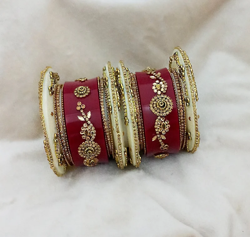 adjustable ladies bracelet-Sejal Gold Plated Maroon Austrian Stone Bangle Set  - 1403748