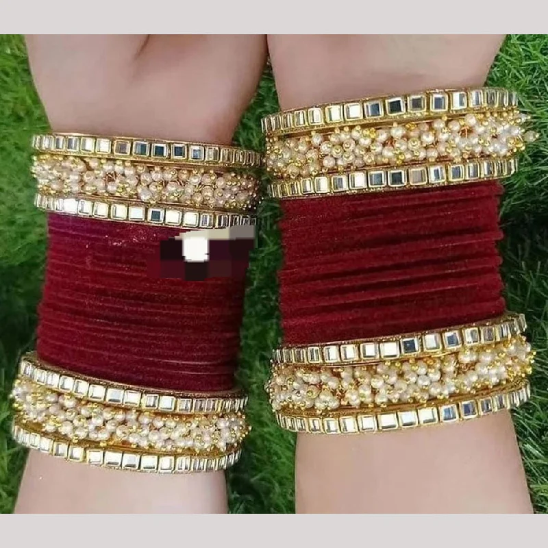 luxury fashion ladies bracelet-Pooja Bangles Gold Plated Mirror  And Velvet Bangles Set