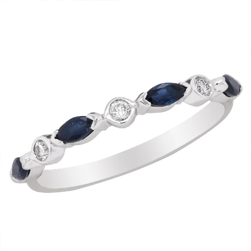 braided band ladies ring-PETITE WHITE GOLD FASHION RING WITH MARQUISE SAPPHIRES AND ROUND CUT DIAMONDS, .09 CT TW