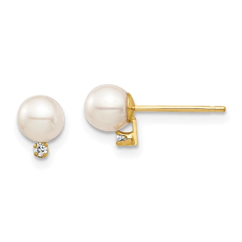 wedding bridal ladies earrings-Madi K Kid's 14K  4-5mm White Round FW Cultured Pearl .02ct Diamond Post Earrings