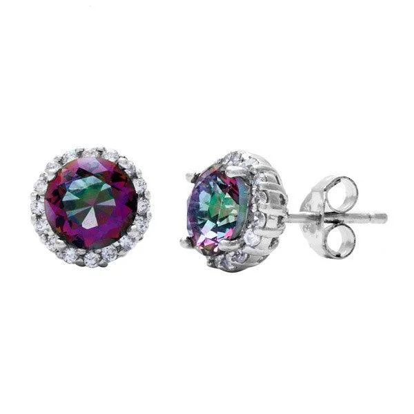 crystal charm ladies earrings-Sterling Silver Prong Round Rainbow CZ with Clear CZ Border Earrings