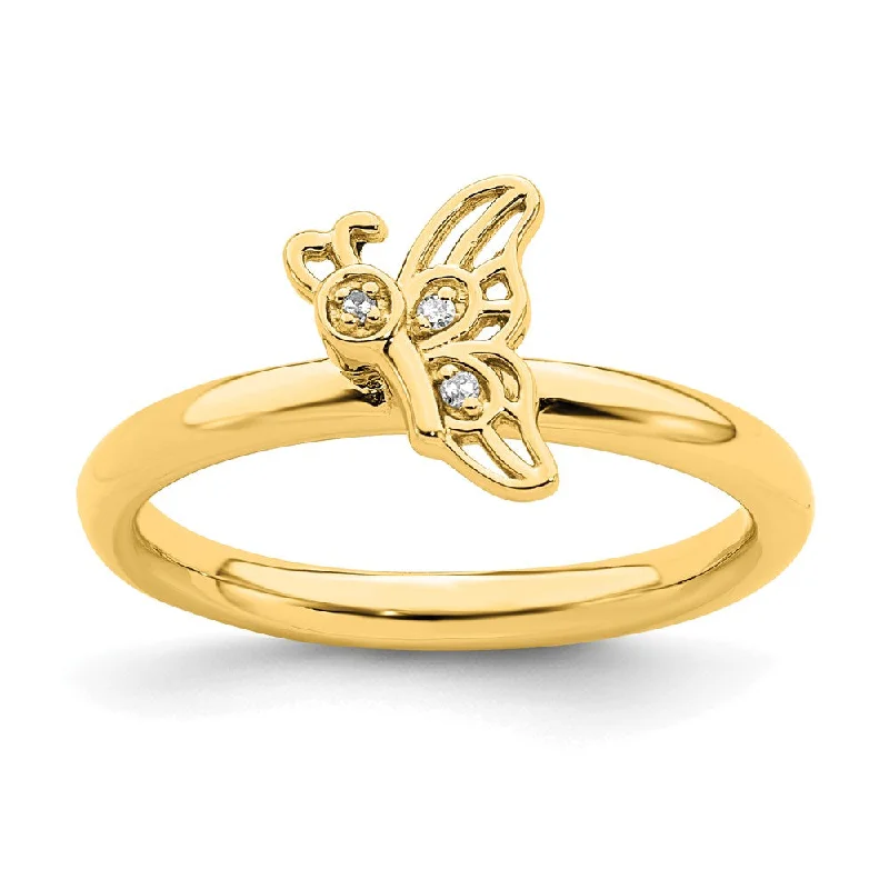 Victorian-style engagement ring for women-Sterling Silver Stackable Expressions Gold-plated Butterfly w/Diamond Ring | QSK1626