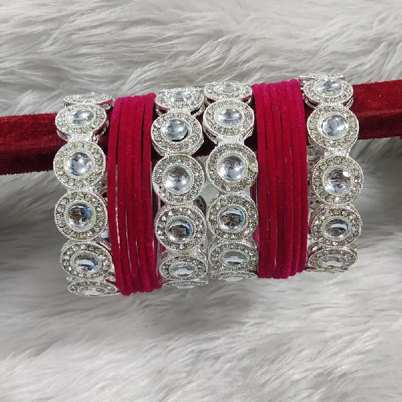 crystal ladies bracelet-Pooja Bangles Silver Plated Austrian Stone And Velvet Bangles Set