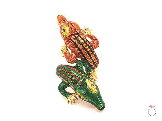 artistic handmade ladies ring-Vintage Large Enameled Alligator Ring in 18k Yellow Gold & Rubies. Rare 1960's