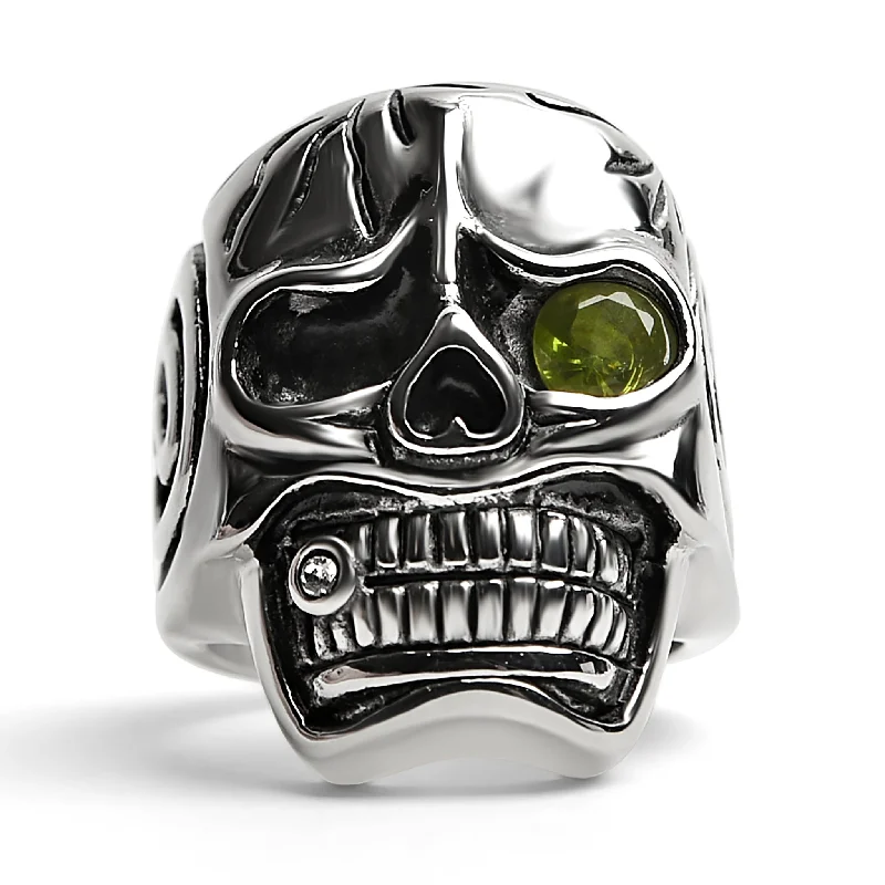 bezel-set ladies ring-Detailed skull with Green CZ Eye Stone Stainless Steel Ring / SCR4092