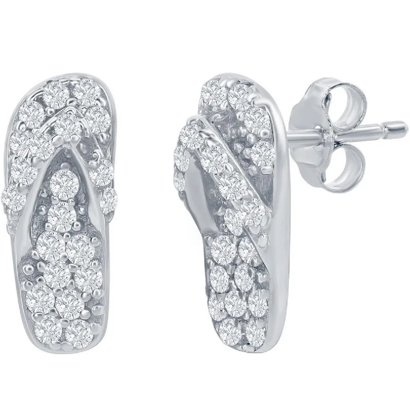 celestial moon and star ladies earrings-Classic Women's Earrings - Sterling Silver White CZ Flip Flop Stud Post Back | D-7986