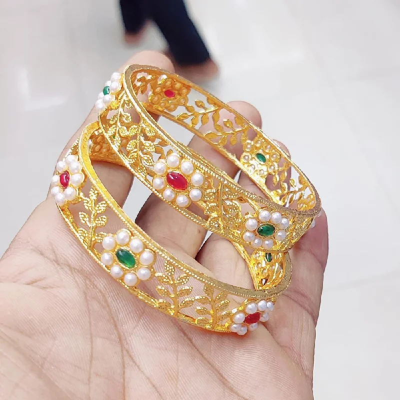 heirloom-inspired ladies bracelet-Pooja Bangles Gold Plated Kundan Stone And Pearl Bangles Set