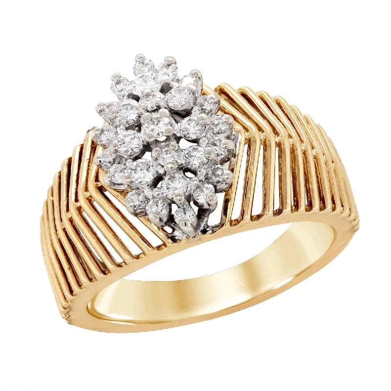 custom name ladies ring-YELLOW GOLD SPLIT SHANK FASHION RING WITH DIAMOND CLUSTER CENTER, 3/4 CT TW