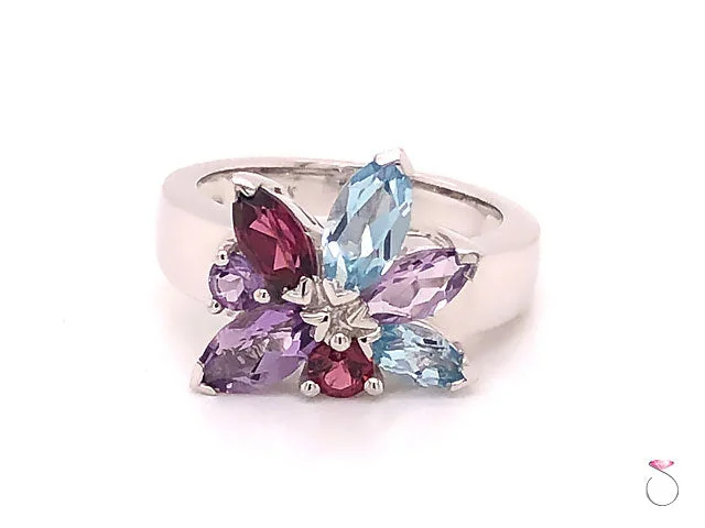 oval-cut ladies ring-Louis Feraud Aquamarine, Amethyst and Garnet Cluster Ring