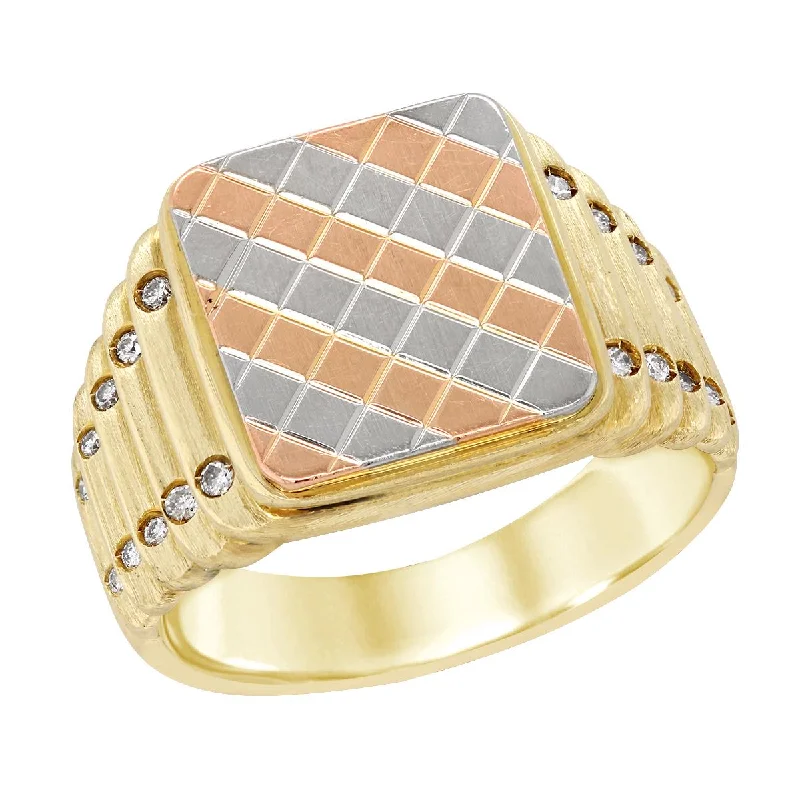 double halo ladies ring-MEN'S TRI-TONE GOLD FASHION RING WITH 20 DIAMONDS, 1/7 CT TW