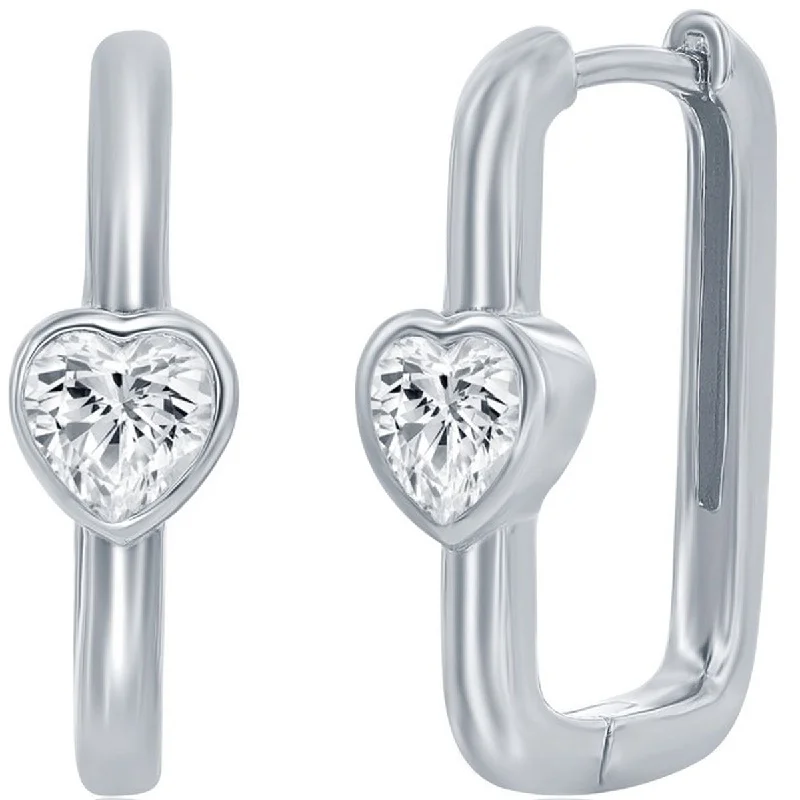 luxury designer ladies earrings-Classic Women's Earrings - Sterling Silver CZ Heart Shaped Rectangle Hinged | D-8216