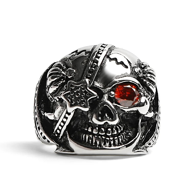 minimalist thin band ladies ring-Stainless Steel Skull With Red CZ Eye and Eyepatch Ring / SCR2001