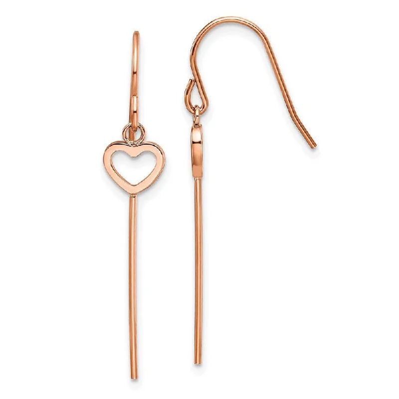 floral design ladies earrings-Stainless Steel Polished Rose IP Heart/Bar Dangle Shepherd Hook Earrings