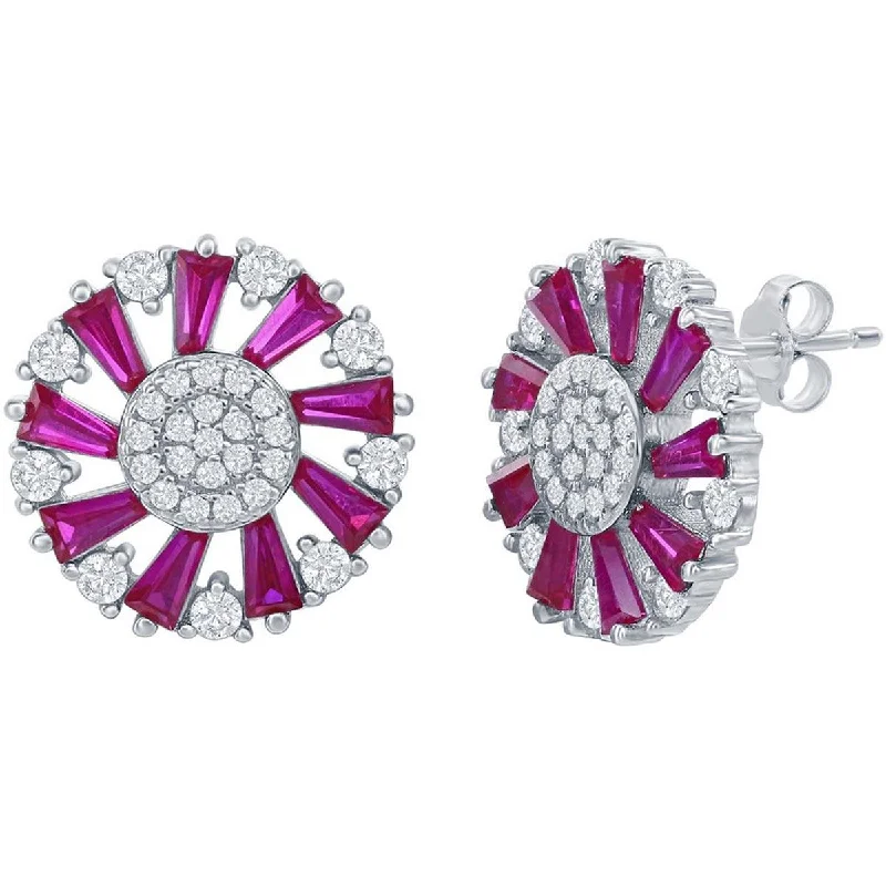 gemstone drop ladies earrings-Classic Women's Earrings - Ruby Baguette White CZ Circle Post Back Closure | D-8145