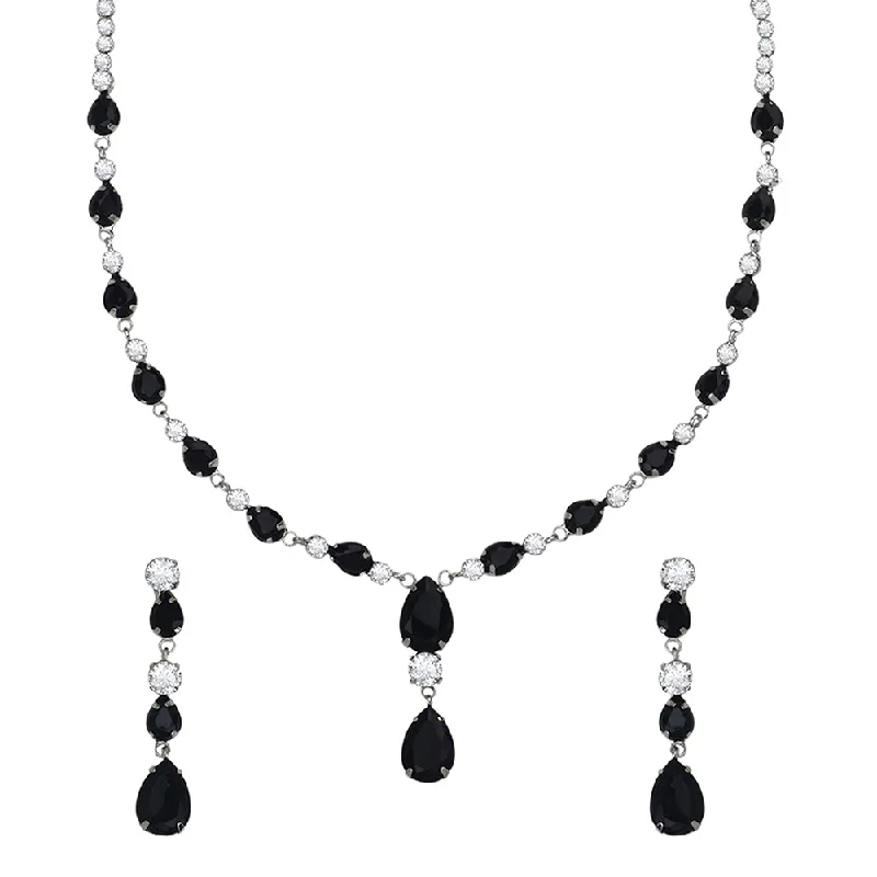 pearl ladies necklace-Mahi Rhodium Plated Cute & Delicate Black Crystals Necklace Set for Women (NL1103806RBla)