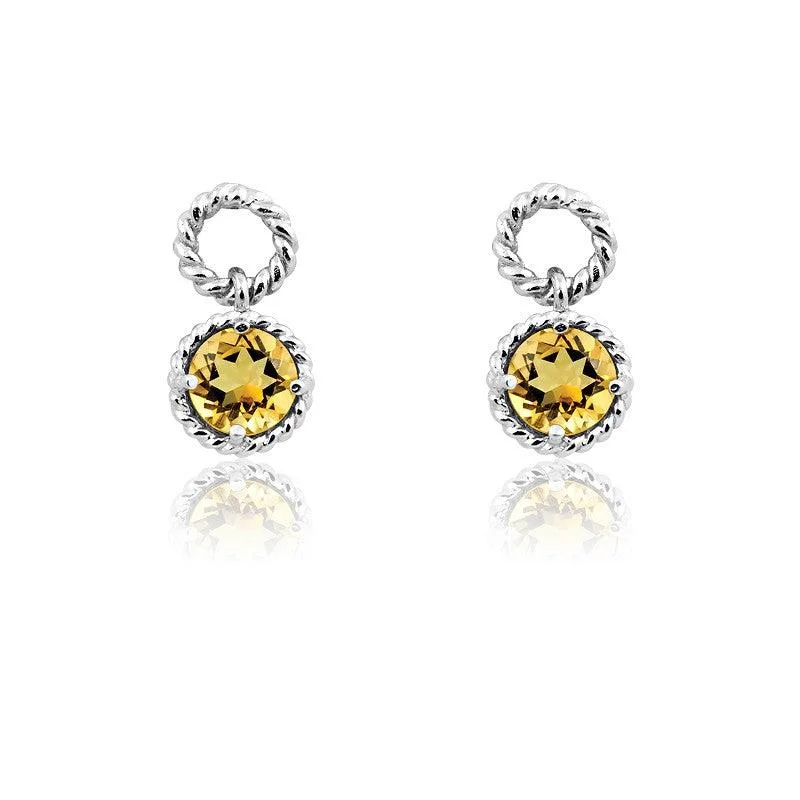 adjustable length ladies earrings-Sterling Silver Citrine Gemstone Twisted Wire Circle Earrings