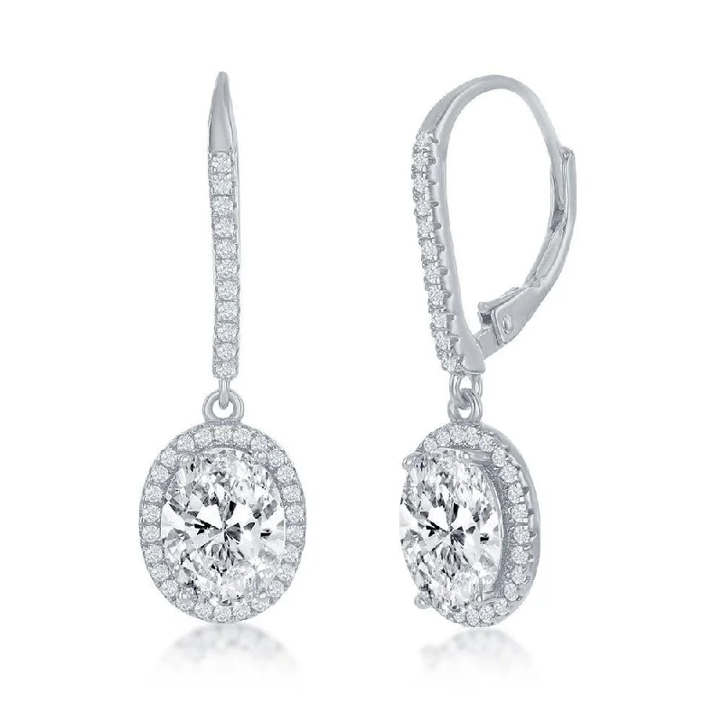 elegant wedding ladies earrings-Sterling Silver Oval CZ Halo Dangling Earrings