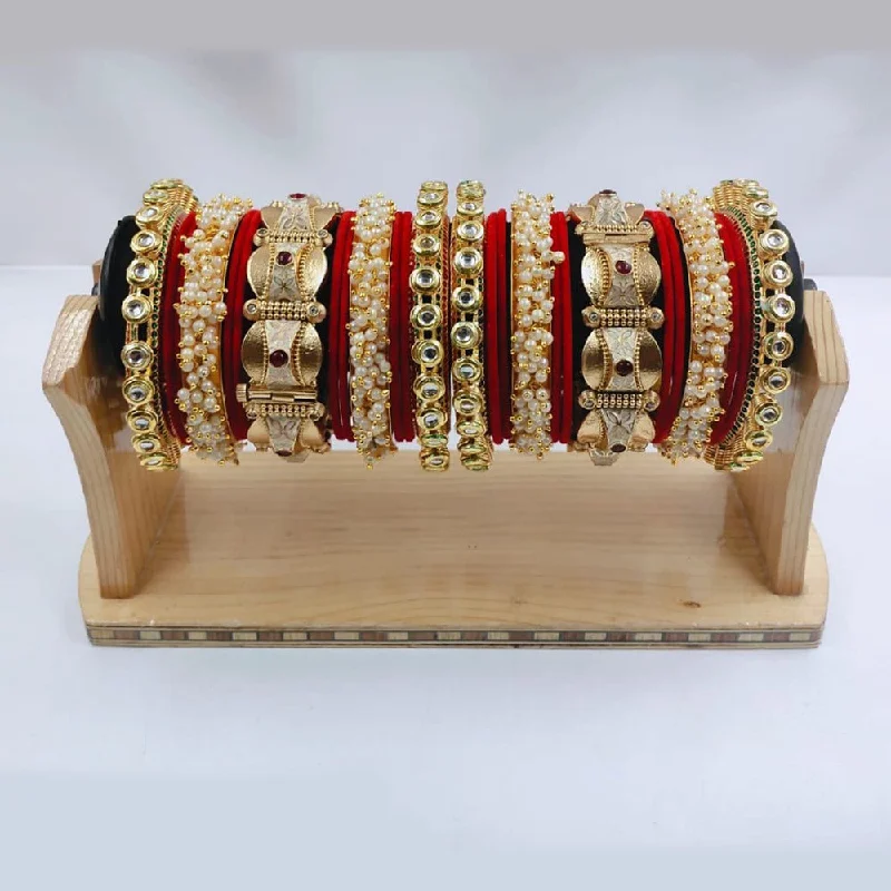 high-end designer ladies bracelet-Akruti Collection Gold Plated Kundan Stone And Pearl Meenakari Bangles Set