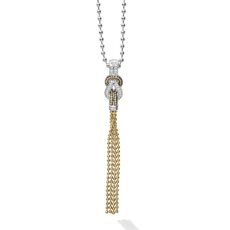 celestial moon ladies necklace-Two Tone Knot Diamond Tassel Pendant Necklace