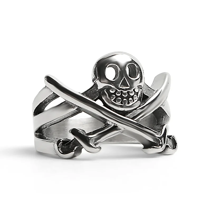 white gold ladies ring-Stainless Steel Pirate Jolly Roger Skull With Crossed Swords Ring / SCR4095