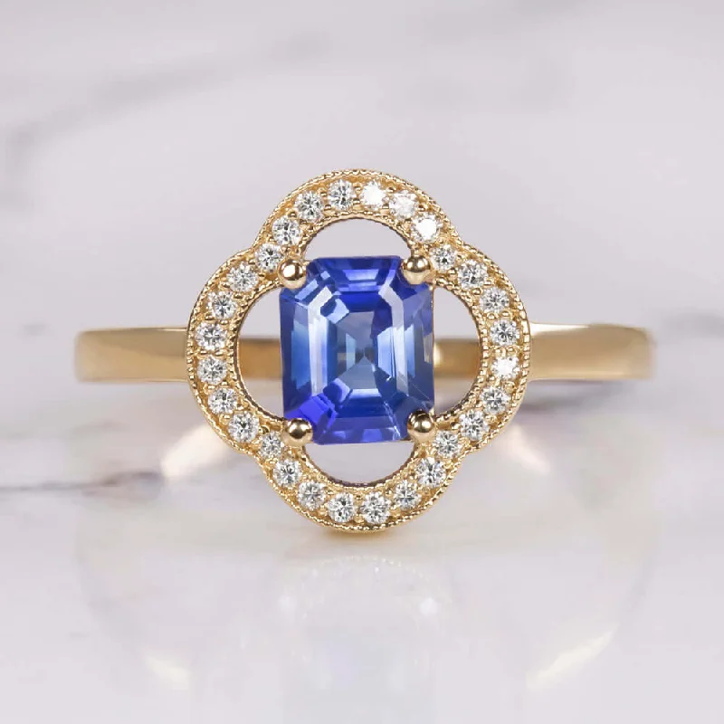 custom engraved engagement ring for women-1ct SAPPHIRE DIAMOND RING FLORAL CLOVER 14k YELLOW GOLD NATURAL EMERALD CUT BLUE