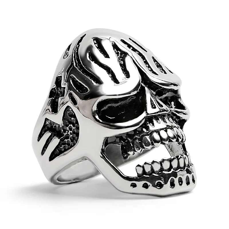 radiant-cut ladies ring-Detailed Skull Stainless Steel Polished Ring / SCR3034