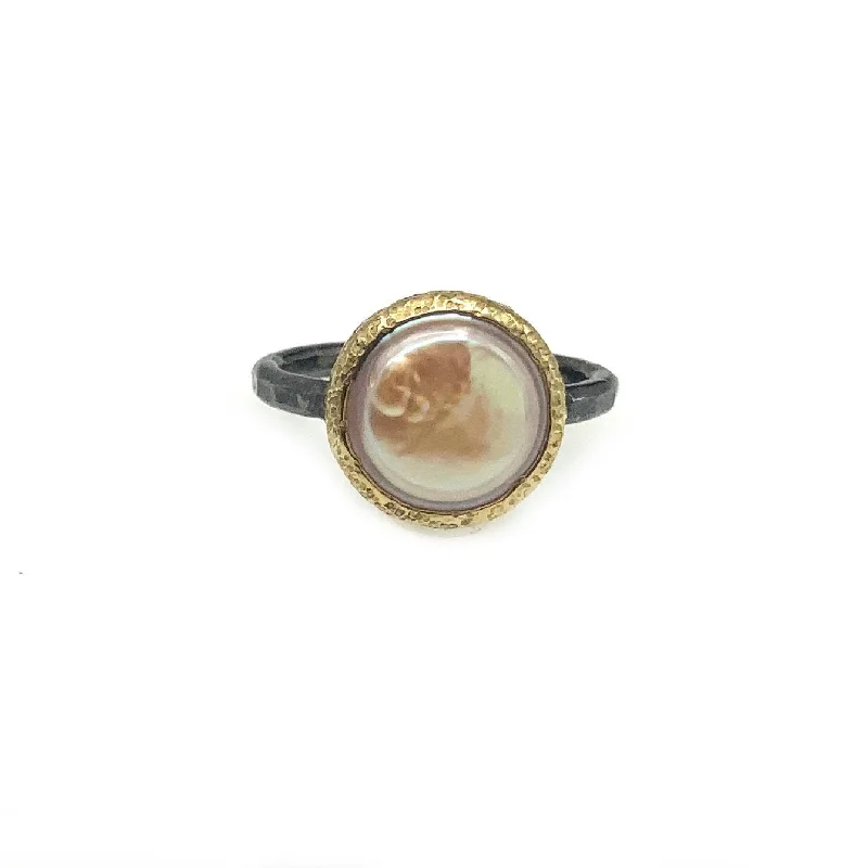 minimalist thin band ladies ring-Classic Pearl 14 Karat Bezel and Sterling Silver Oxidized Band Ring