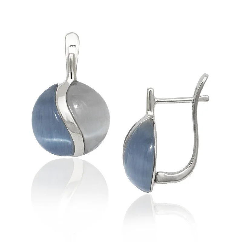 opal gemstone ladies earrings-Sterling Silver Dark and Light Blue Cat's Eye Earrings