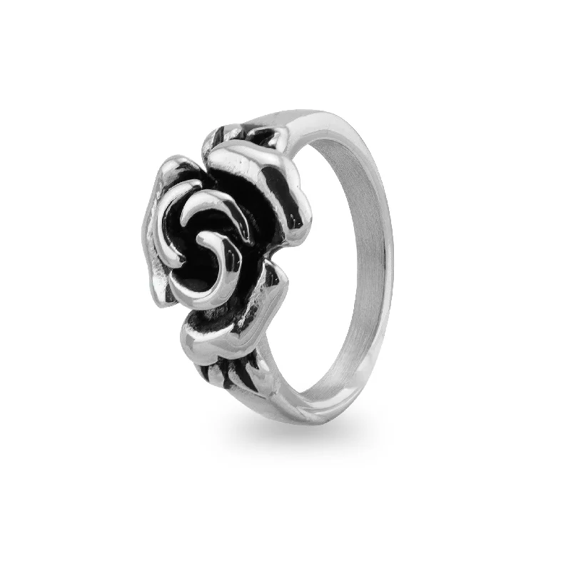 floral halo ladies ring-Detailed Rose Stainless Steel Ring / SCR4071