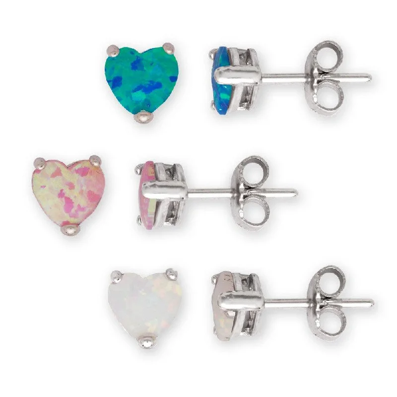 nature-inspired ladies earrings-Sterling Silver 6mm White; Pink; and Blue Opal Set of 3 Heart Stud Earrings