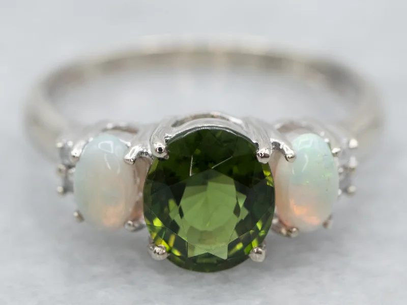 fine jewelry engagement ring for women-Green Tourmaline Opal and Diamond Ring