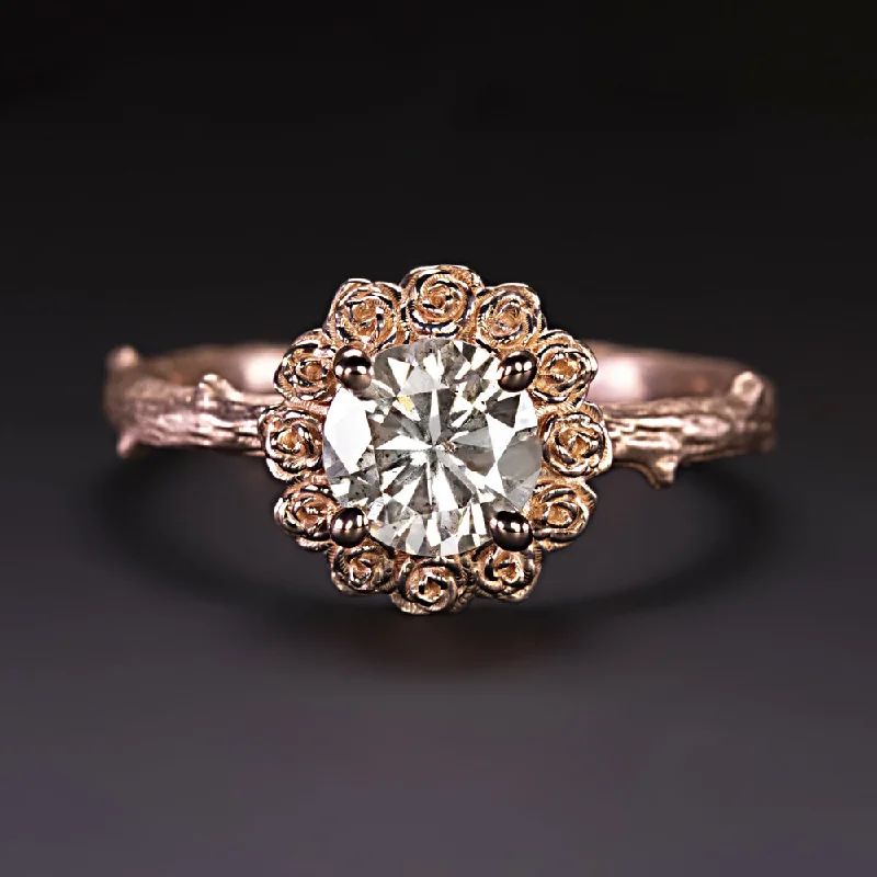 eco-friendly engagement ring for women-1 CARAT NATURAL DIAMOND RING FLOWER BOTANICAL 14k ROSE GOLD ROUND CUT SOLITAIRE