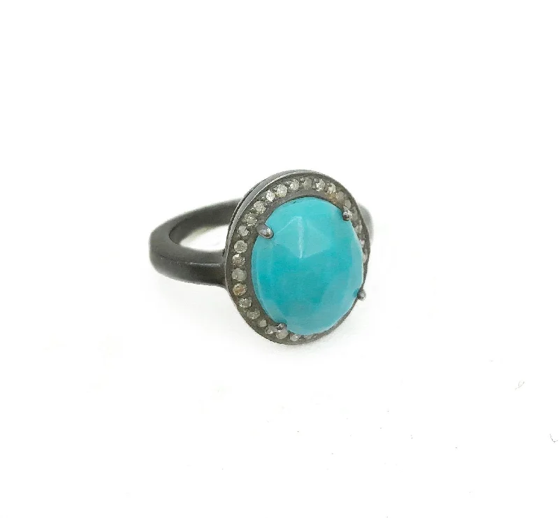 antique finish ladies ring-Turquoise and Diamond Oxidized Sterling Silver Ring