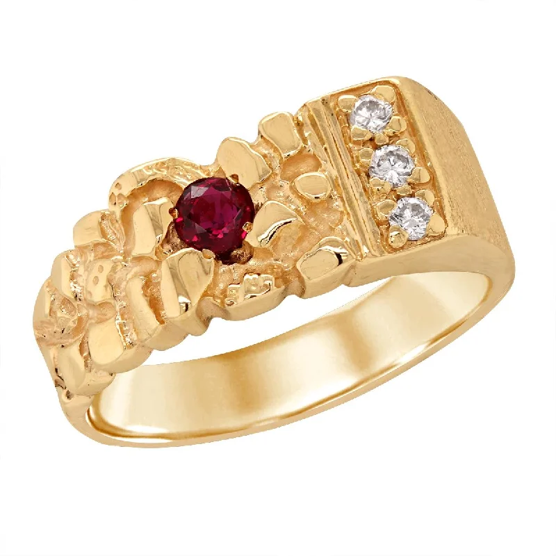 gemstone-accented ladies ring-MEN'S YELLOW GOLD NUGGET FASHION RING WITH RUBY AND DIAMONDS, 1/10 CT TW