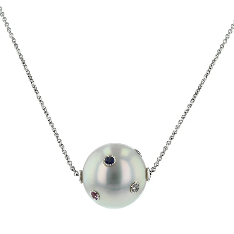 fine jewelry ladies necklace-South Sea Pearl, Sapphire and Diamond Necklace